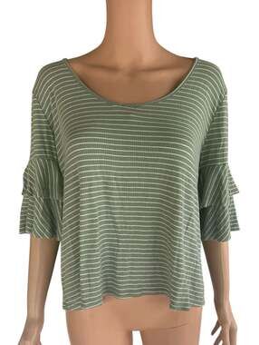 Blu Pepper Green Striped Tiered Ruffle Sleeve Tie Back Top Size L